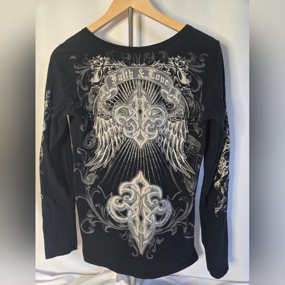 Cotty On Vintage Graphic Long Sleeve Shirt XL | Black Baroque Fleur De Lis - Picture 5 of 7